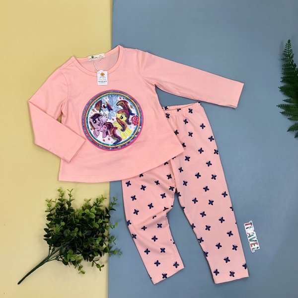 Bộ cotton thu đông đính hình Pony viền kim sa dài tay bé gái size 2-8T.X20
