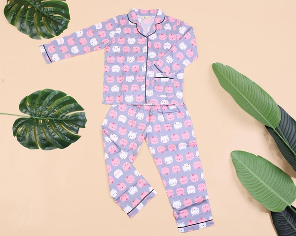 Bộ Pijama thô thu đông họa tiết dài tay bé gái size 8-12T.X20