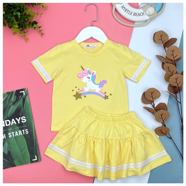 Bộ BG cotton hình ngựa pony chạy sọc chân váy 3/10*21