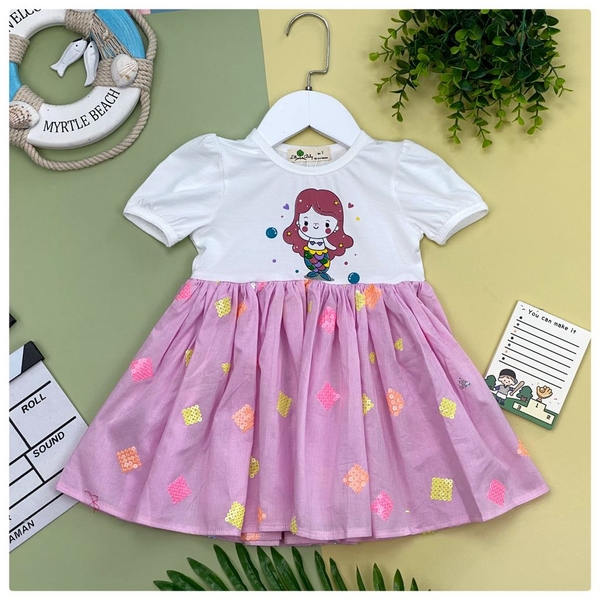 Váy cotton phối chân thô hồng in cầu vồng, tiên cá 1/5 *21