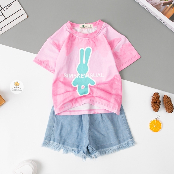 H Bộ cotton BG vải loang quần bò tua rua viền gấu 2/7 (Ri6) PH637