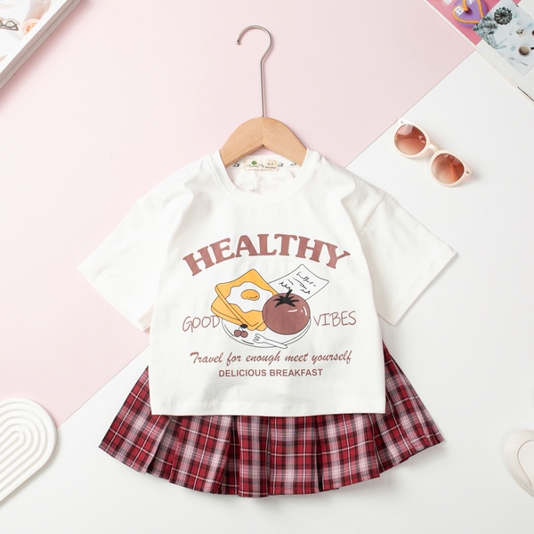 HY5 Bộ BG áo phông chân váy kẻ xếp ly 4/12 (Ri5) PH859