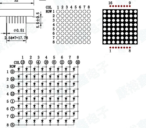 LED MATRIX 8X8 3MM 32X32MM MÀU ĐỎ | www.vietnic.vn