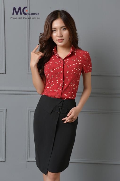 Áo sơ mi đỏ họa tiết hoa nhí A221
