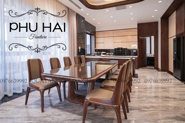 Bộ Bàn Ghế Ăn Gỗ Hiện Đại 10 Ghế Bọc Da