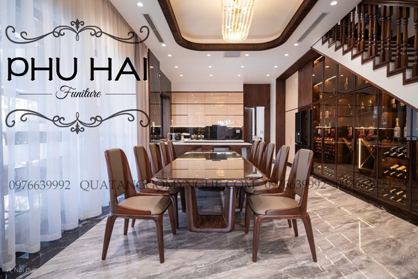 bộ bàn ghế ăn gỗ hiện đại 10 ghế bọc da