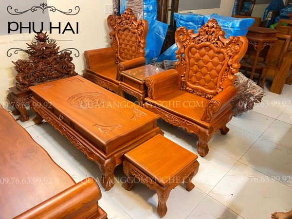 Bàn Ghế Hoàng Gia Gỗ Gõ Đỏ 6 Món Mặt Liền