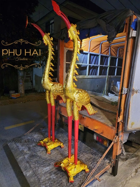 Cặp Hạc Thờ Bằng Gỗ Sơn Son Thép Dát Vàng