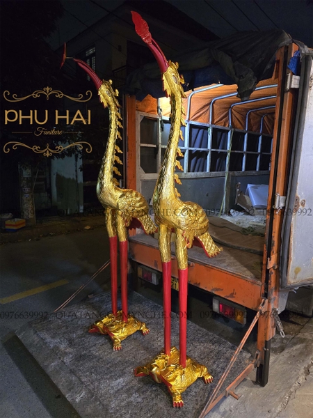 Cặp Hạc Thờ Bằng Gỗ Sơn Son Thép Dát Vàng