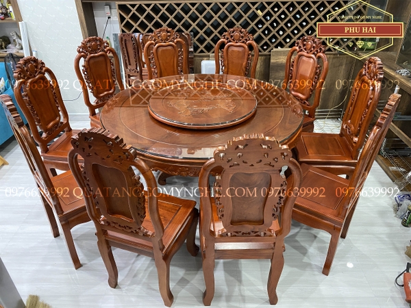 Bộ Bàn Ăn Tròn 10 Ghế Bàn Xoay Gỗ Gõ Đỏ