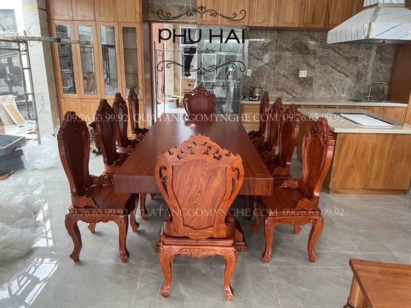 Bàn Ghế Ăn Gỗ Mặt Liền Nguyên Tấm 10 Ghế