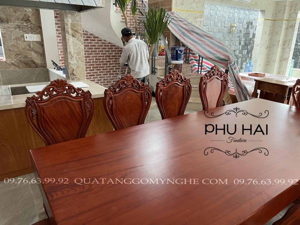 Bàn Ghế Ăn Gỗ Mặt Liền Nguyên Tấm 10 Ghế
