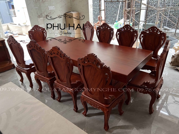 Bàn Ghế Ăn Gỗ Mặt Liền Nguyên Tấm 10 Ghế