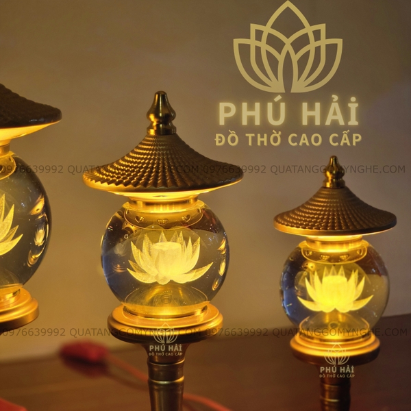 Đèn Thờ Chốp Cầu Pha Lê Hoa Sen Thân Hợp Kim Vàng 26 28 33 40 cm