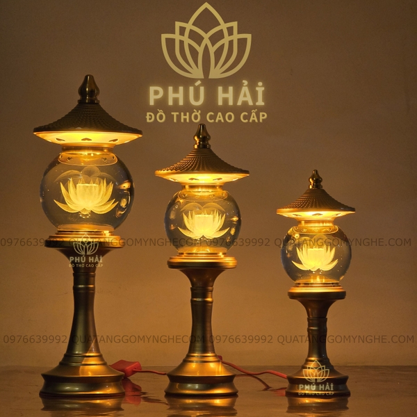Đèn Thờ Chốp Cầu Pha Lê Hoa Sen Thân Hợp Kim Vàng 26 28 33 40 cm