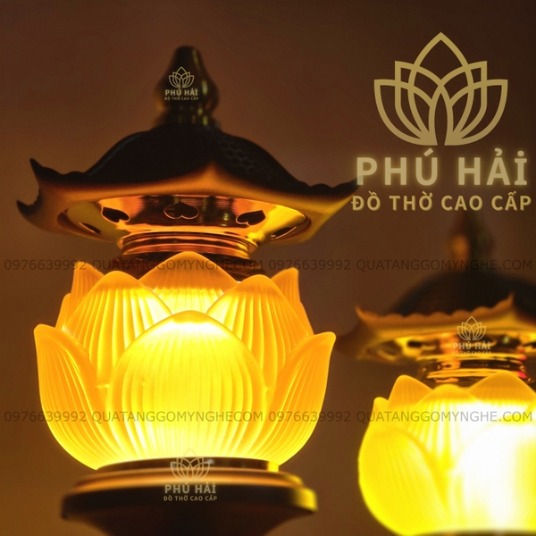 Đèn Hoa Sen 1 Bông Mái Chùa Dâng Bàn Thờ Cao 25 30 35 cm