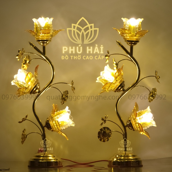 Đèn thờ 3 Bông Thủy Tinh Hoa Sen 2 Kích Cỡ - Cao 40 cm 55 cm