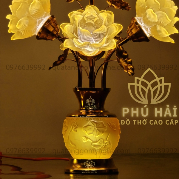 Đèn Thờ 5 Bông Hoa Sen Bầu Nổi Khối Cao 40 Cm Nhỏ Gọn