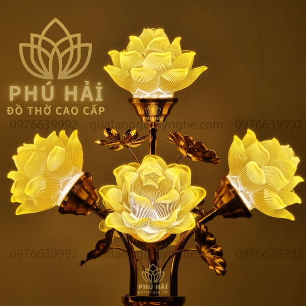 Đèn Thờ 5 Bông Hoa Sen Bầu Nổi Khối Cao 40 Cm Nhỏ Gọn