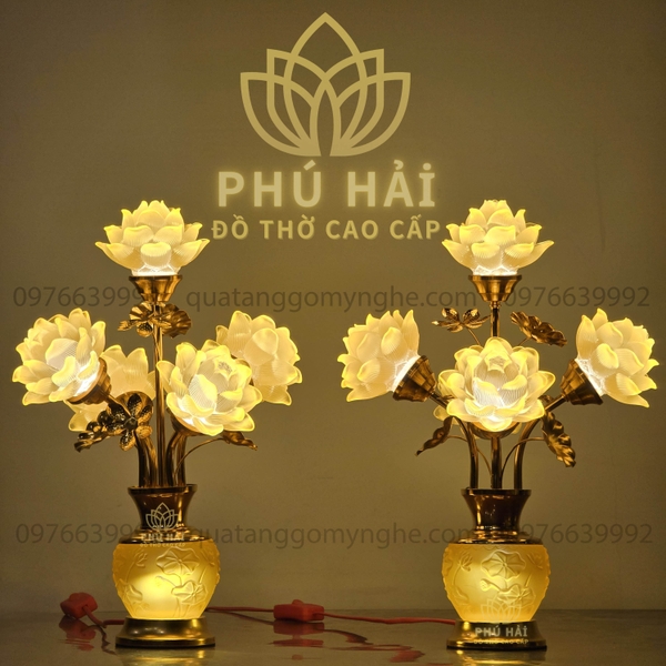Đèn Thờ 5 Bông Hoa Sen Bầu Nổi Khối Cao 40 Cm 