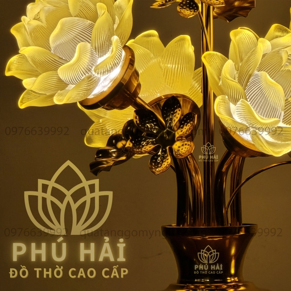 Đèn Thờ 5 Bông Hoa Sen Bầu Nổi Khối Cao 40 Cm Nhỏ Gọn