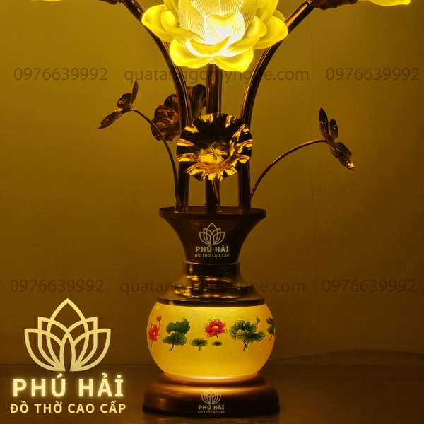 Đèn thờ Sen 5 Bông Lưu Ly Bầu Tròn Nhỏ Gọn Chân Thấp Cao 48 Cm