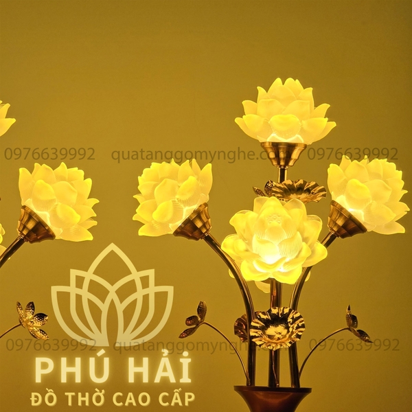 Đèn thờ Sen 5 Bông Lưu Ly Bầu Tròn Nhỏ Gọn Chân Thấp Cao 48 Cm