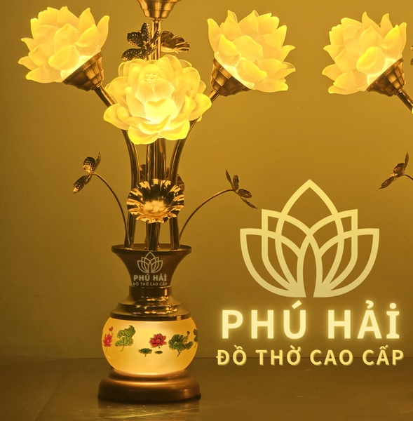 Đèn thờ 5 Bông Hoa Sen Lưu Ly Bầu Tròn Nhỏ Gọn Chân Thấp Cao 48 Cm