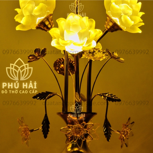 Đèn Thờ 5 Bông Hoa Sen Thân Đan Lỗ Cao 60 65 cm Cao Cấp