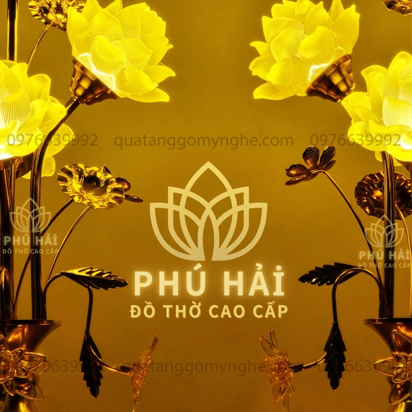 Đèn Thờ 5 Bông Hoa Sen Thân Đan Lỗ Cao 60 65 cm Cao Cấp