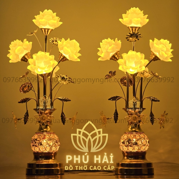Đèn Thờ 5 Bông Hoa Sen Thân Đan Lỗ Cao 60 65 cm Cao Cấp