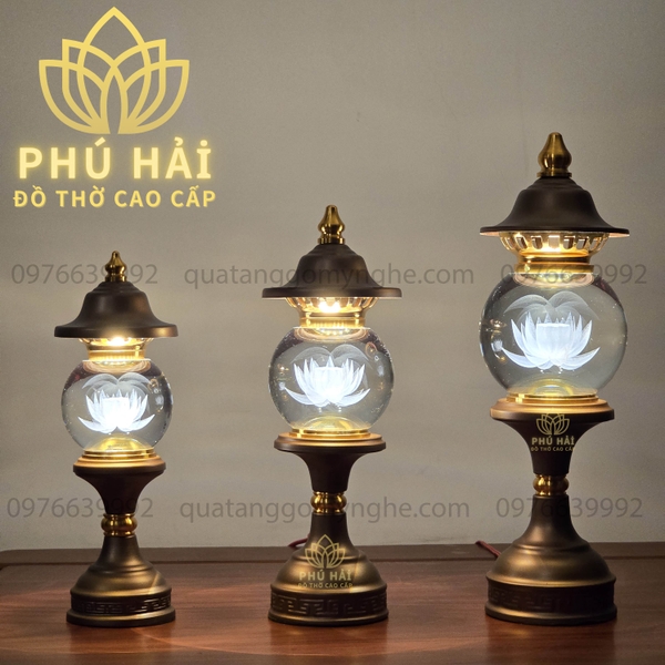 Đèn Thờ Cầu Pha Lê Hoa Sen Thân Hợp Kim Nâu Kích Thước 27 cm 34 cm 40 cm