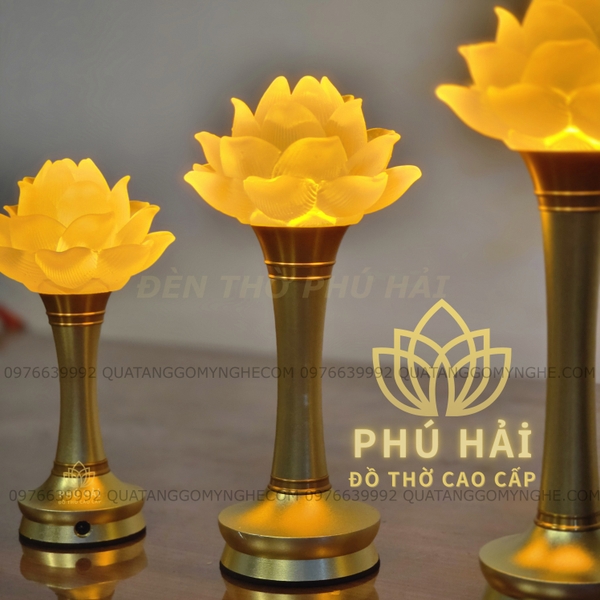 ( PIN SẠC ) ĐÈN THỜ 1 BÔNG HOA SEN THÂN HỢP KIM CAO CẤP 10 cm 16 cm 22 cm 26 cm 30 cm