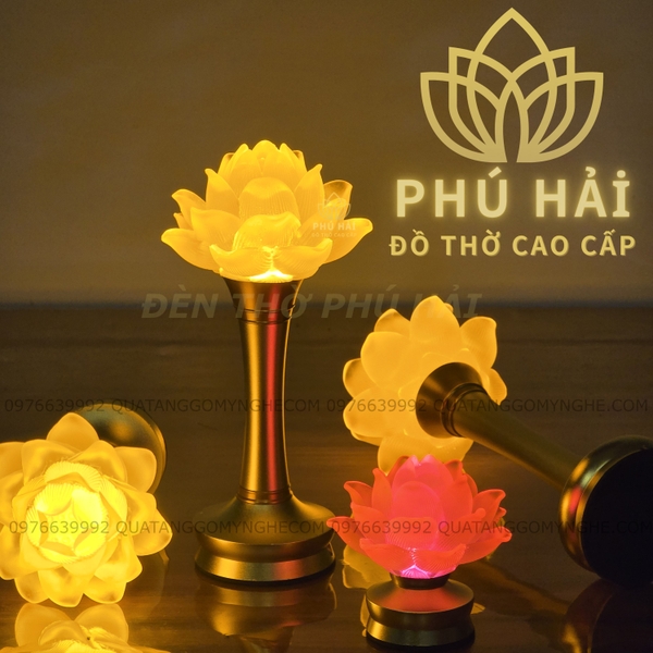 ( PIN SẠC ) ĐÈN THỜ 1 BÔNG HOA SEN THÂN HỢP KIM CAO CẤP 10 cm 16 cm 22 cm 26 cm 30 cm