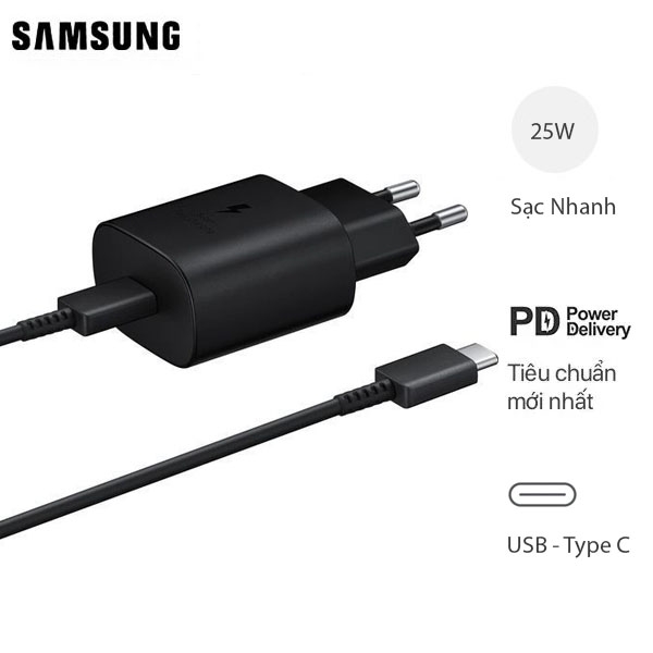 Sạc Nhanh Samsung 25W Chuẩn PD C-to-C Bản Cho Galaxy S10 5G Fullbox  - Chính Hãng - Đen