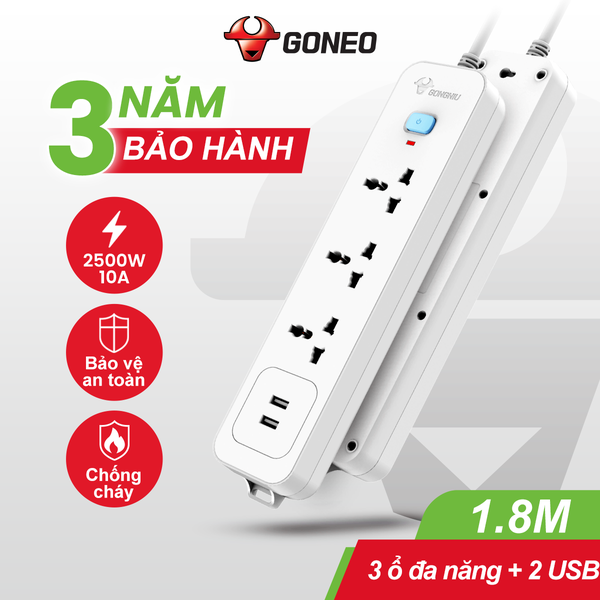 Ổ Cắm Điện Gongniu 3 Ổ Đa Năng + 2 USB 1 Công Tắc – Công Suất 10A/250/2500W – Trắng – Chính Hãng (N103U)