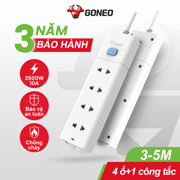 Ổ Cắm Điện Gongniu Đa Năng 4 Ổ 1 Công Tắc – Công Suất 10A/250/2500W – Trắng – Chính Hãng (V1040)