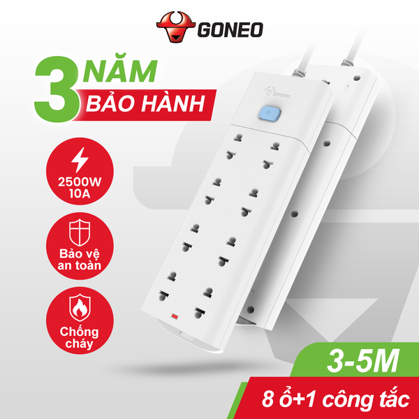 Ổ Cắm Điện Gongniu Đa Năng 8 Ổ 1 Công Tắc – Công Suất 10A/250/2500W – Trắng – Chính Hãng (V1080)