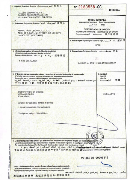 GIẤY CHỨNG NHẬN NUỒN GỐC NHẬP KHẨU