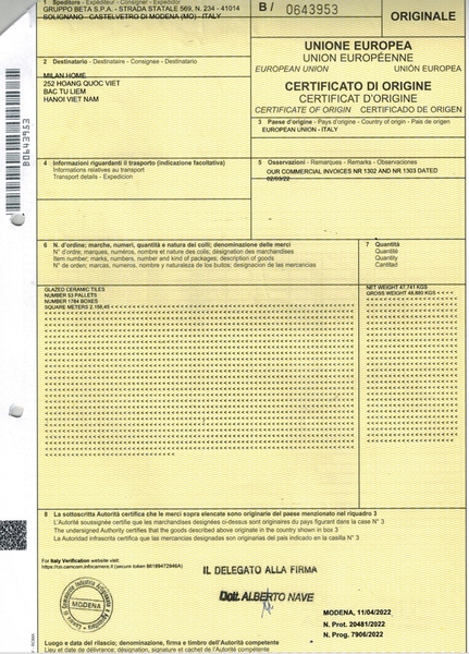 GIẤY CHỨNG NHẬN NUỒN GỐC NHẬP KHẨU