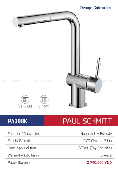 VÒI RỬA BÁT NÓNG LẠNH DÂY RÚT Paul Schmitt PA308K