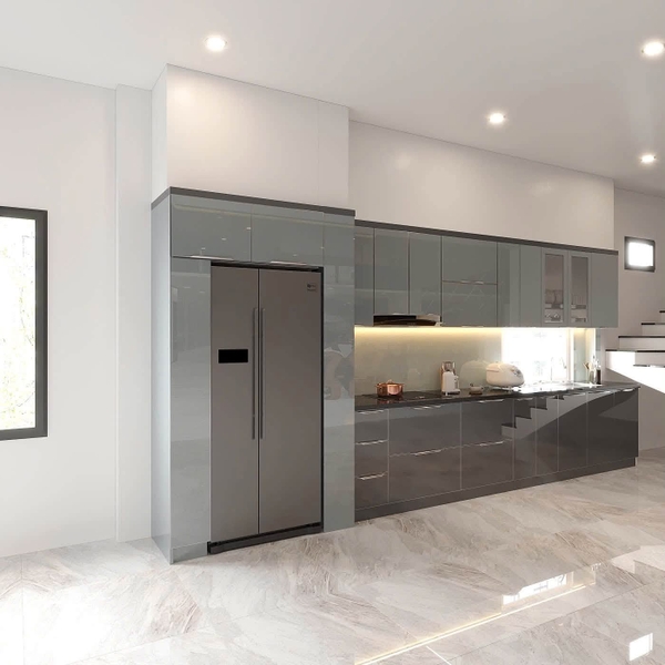 Hoàn thiện tủ bếp anh Thuận -An Thọ -An Khánh- chât liệu inox module vân caro, cánh kính
