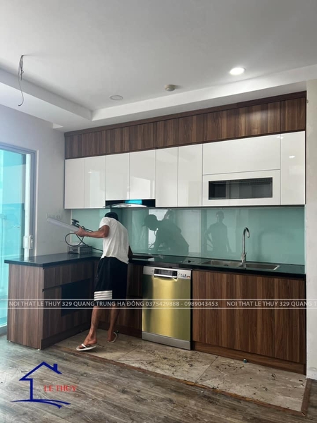 hoàn thiên nội thất gỗ công nghiệp MDF chống ẩm phủ melamin phòng ngủ+ khách+ bếp nhà e thảo-chung cư ecoline