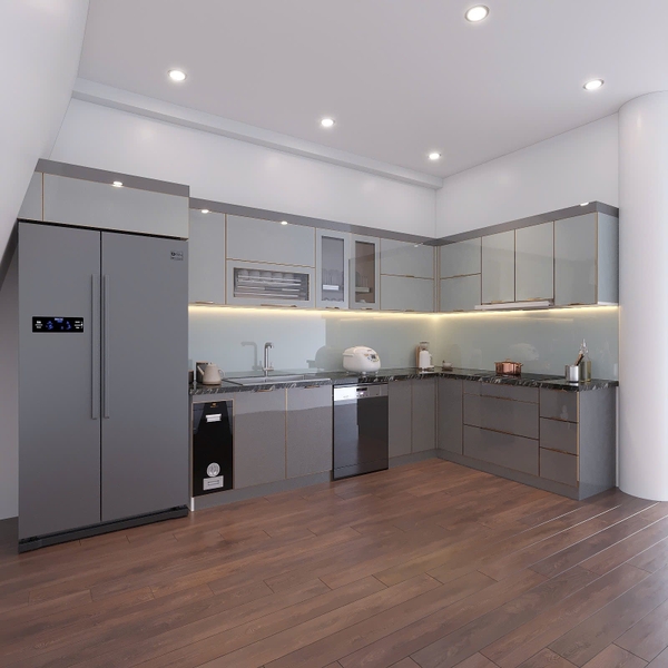 nghiệm thu hoàn thiện tủ bếp inox cánh kính nhà chị hương-phú lương-hà đông