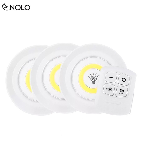 Bộ 3 Đèn Cob Tròn Có Công Tắc Dán Tường Kèm Remote Điều Khiển Từ Xa Model COB01 Công Suất 3W Dùng Nguồn Pin AAA