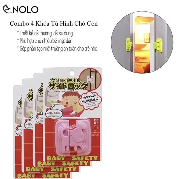 Combo 4 Khoá Dán Gài Tủ Lạnh Tủ Chén Bồn Cầu Hình Chú Chó Con Chất Liệu Nhựa ABS