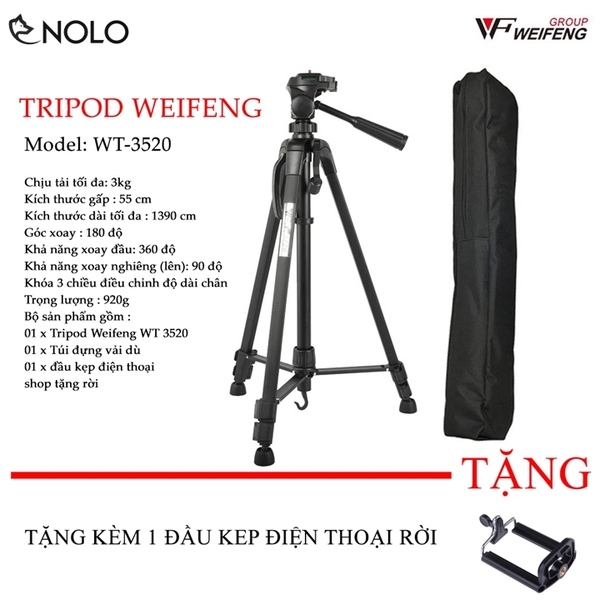 Bộ Tripod Máy Ảnh Điện Thoại Model WT3520 Thân Hợp Kim Nhôm Magie Chịu Tải Lên Đến 3Kg Tặng Kèm Túi Và Đầu Kẹp Điện Thoại
