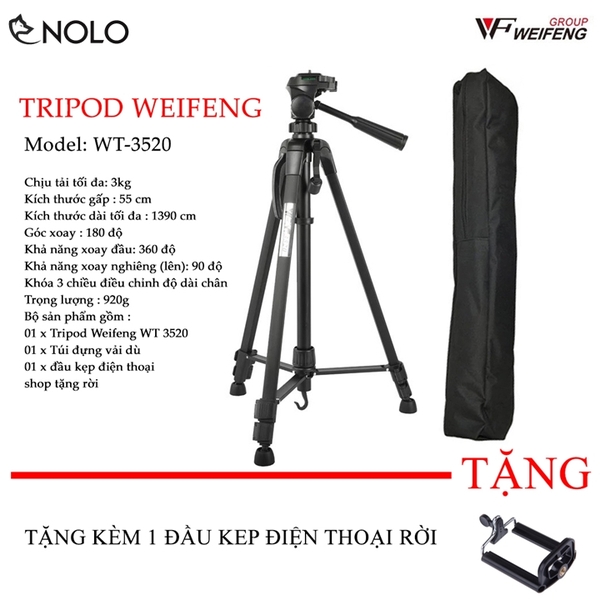 Bộ Tripod Máy Ảnh Điện Thoại Model WT3520 Thân Hợp Kim Nhôm Magie Chịu Tải Lên Đến 3Kg Tặng Kèm Túi Và Đầu Kẹp Điện Thoại