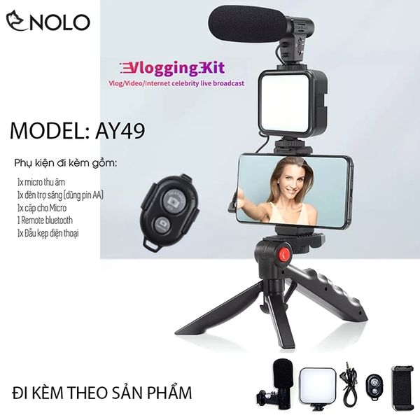 Tripod Gimbal Gậy Selfie 5in1 Vlogging Kit Model AY49 Dành Cho Điện Thoại Máy Ảnh Máy Quay Kèm Đèn Micro Remote