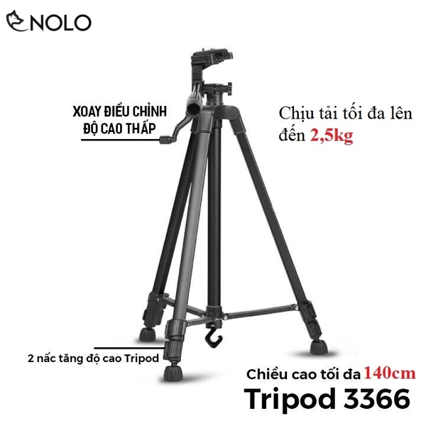 Tripod Máy Ảnh 3 Chân Dùng Cho Điện Thoại, Máy Ảnh, Máy Quay Model 3366 Chất Liệu Khung Hợp Kim Chịu Tải 2.5kg 